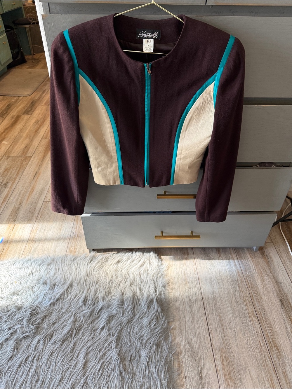 Scarlett Brown & Cream Cropped Zip Jacket with Teal Trim